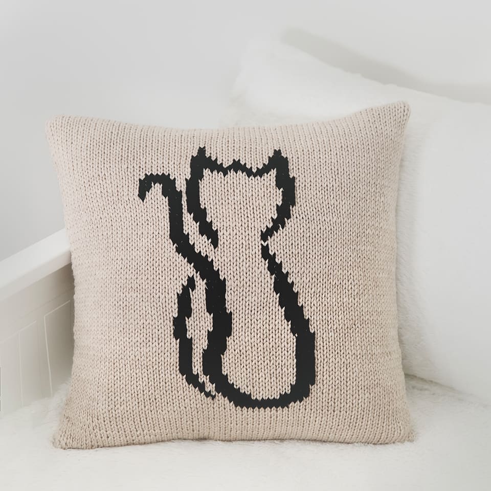 Knit Duplicate Stitch Cat Pillow Cover